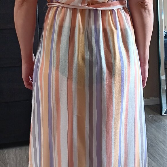 Vintage 70s Striped Secretary Dress Sheer Midi with Belt Vintage/Deadstock NOS - Picture 5 of 6